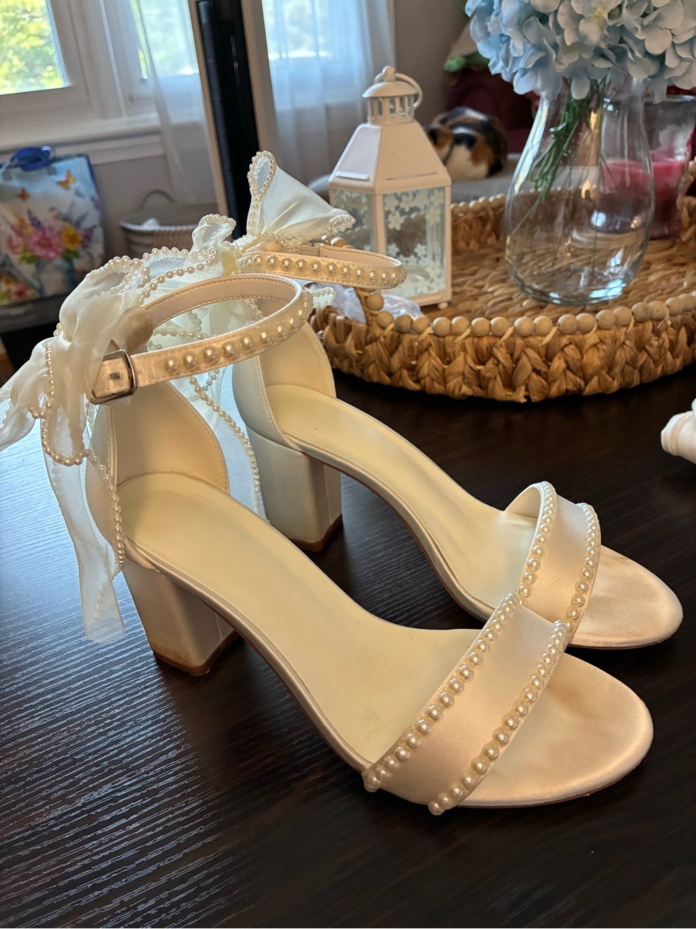 Women's Pearl-Embellished Ankle Strap Block Heel Sandals - Cream